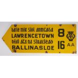 Mid 20th century Automobile Association yellow enamel road sign for Lawrenstown and Ballinasloe. A