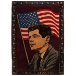 Circa 1963 John F Kennedy wall hanging. A velour rectangular wall hanging with a portrait of John