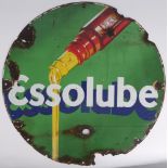 Enamel sign, Essolube. A circular enamel sign with an image of oil pouring from an Esso bottle and