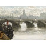 William Conor OBE RHA RUA ROI (1881-1968) QUEEN'S BRIDGE, BELFAST watercolour signed lower right;