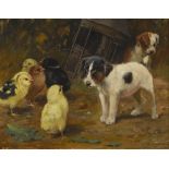 George Derville Rowlandson (1861-1928) PUPPIES AND CHICKS and SLEEPING PUPPIES AND CHICKS (A PAIR)