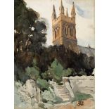 William Conor OBE RHA RUA ROI (1881-1968) VIEW OF CHURCH TOWER watercolour signed lower right 12