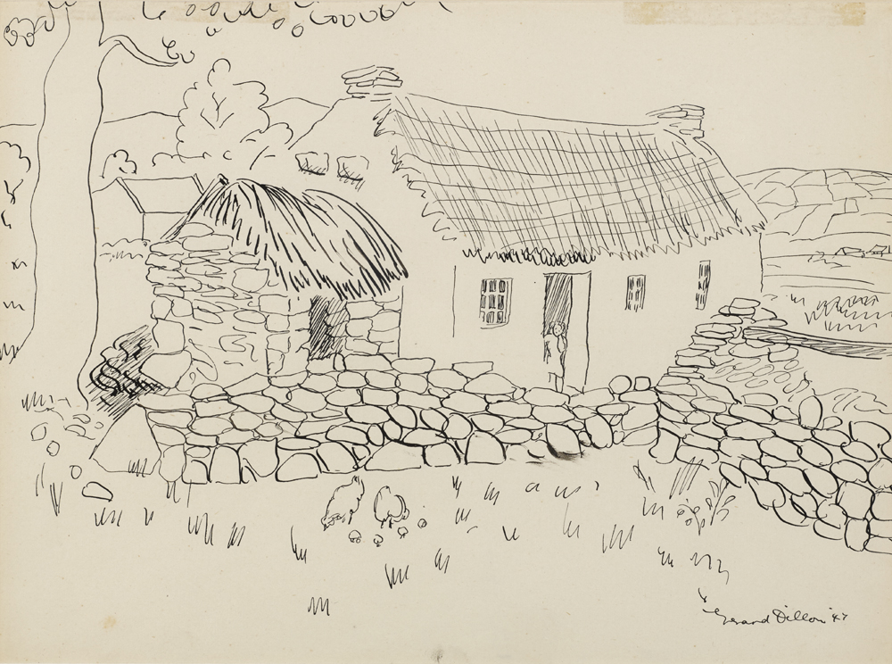 Gerard Dillon (1916-1971) COTTAGE WITH CHILD AT DOOR, 1947 pen and ink signed and dated lower