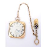 Art Deco 9ct gold square cased Waltham pocket watch. The white enamel dial with Arabic numerals