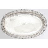 Egyptian-silver oval tray. A 1930s Egyptian, .900-grade silver, oval tray, the rim pierced with