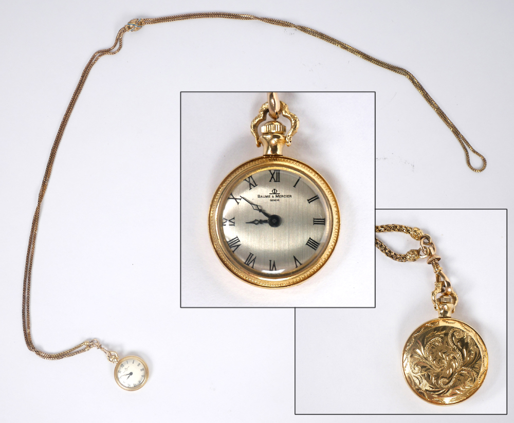 An 18ct gold cased Baume and Mercier lady's pocket watch. On gilt metal and enamel rope chain.