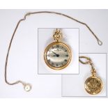 An 18ct gold cased Baume and Mercier lady's pocket watch. On gilt metal and enamel rope chain.