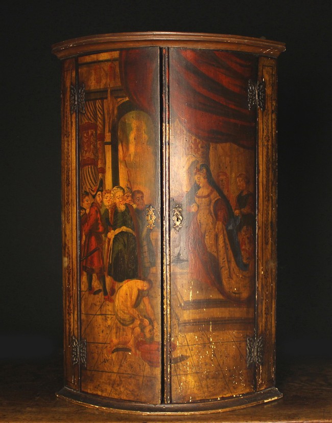 An 18th Century Painted Bowfront Hanging Corner Cupboard.