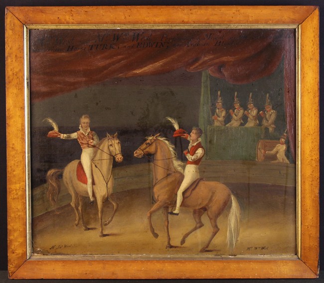 A Late 19th Century Oil on Board depicting performing horses inscribed along the top ' Mr West and