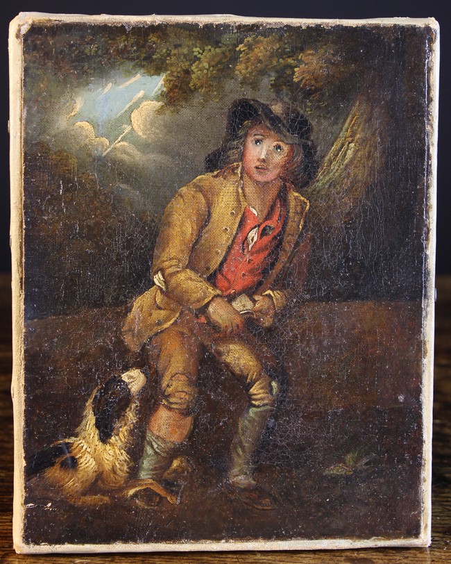 A Small Late 18th/Early 19th Century Oil on Canvas depicting a country boy with spaniel in woodland,