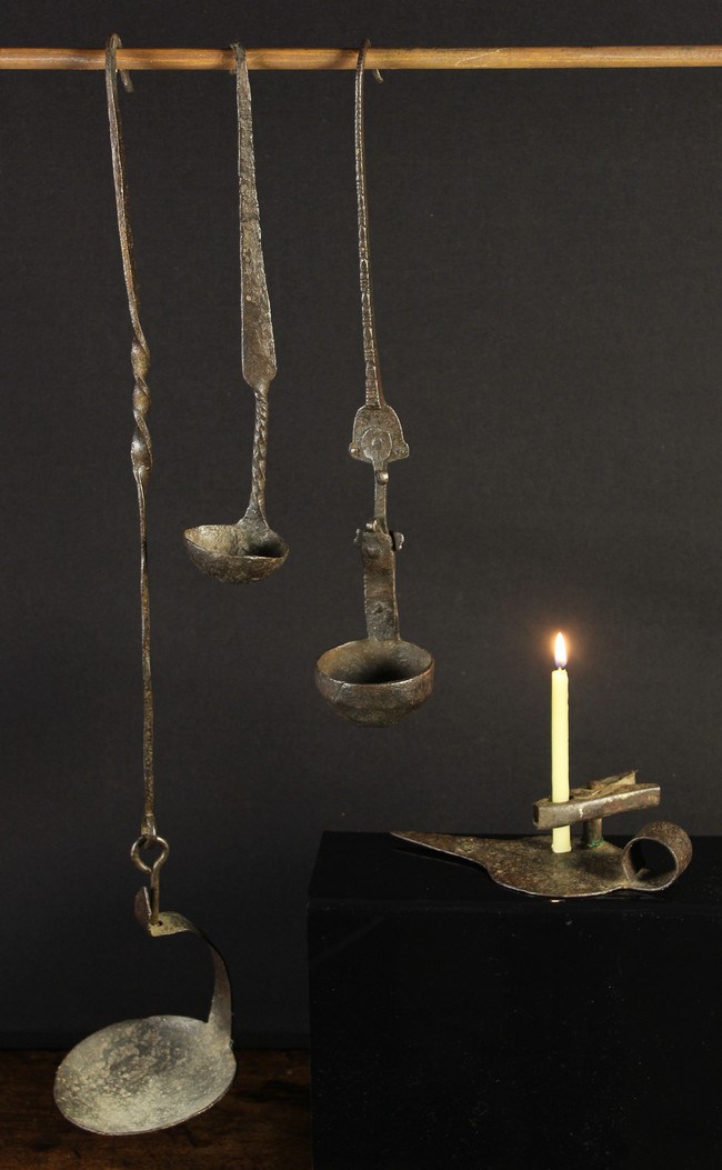 Three 18th Century Wrought Iron Single Valve Pendant Oil Lamps, 21 ins (53 cms),