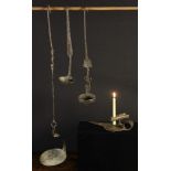 Three 18th Century Wrought Iron Single Valve Pendant Oil Lamps, 21 ins (53 cms),