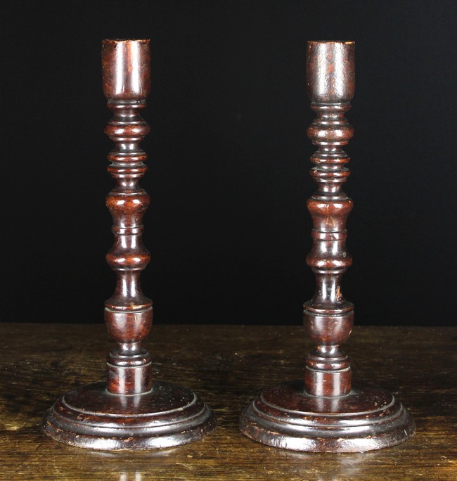 A Pair of Large 19th Century Turned & Painted Treen Candlesticks.