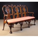 A Fine Queen Anne Style Figured Walnut Triple Chair Backed Settee.