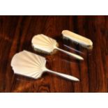 An Art Deco 1930's Silver & Peach Guilloche Enamelled Brush Set comprising of hair brush,