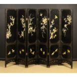 An Oriental Lacquered Six-Fold Screen with carved mother-of-pearl inlay.