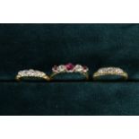 Three Lady's Gold Dress Rings: Two set with five diamonds (marks rubbed,