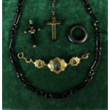 A Collection of Mourning Jewellery: A long 'jet' bead necklace,