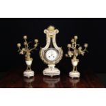 A Highly Decorative Louis XVI Style White Marble Lyre Clock Set with Gilt Bronze Mounts.