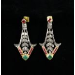 A Pair of Art Deco Style Pendant Earrings set with pink, green and white stones.