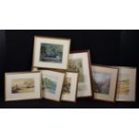 Seven Framed Pictures to include six watercolours; a Swiss mountain scene, signed and dated 1895,