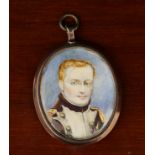 A 19th Century Miniature Portrait of a Military Man, set in a rose gold coloured oval pendant frame.