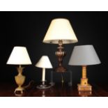 Four Various Electric Table Lamps: One with a lobed silvered giltwood base and cream shade 22 ins