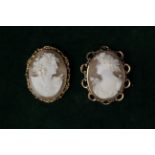 Two Fine 9 Carat Gold and Carved Shell Cameo Brooches portraying profiled ladies' heads;