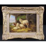 A Small Gilt Framed Oil on Panel depicting sheep in a barn, signed bottom right H. Wets.