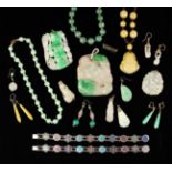 A Collection of Chinese Jade and enamel Jewellery to include three necklaces, three pendants,