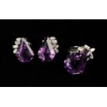 An Unusual & Fine Amethyst & Diamond Ring & Earrings Set.