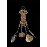 A Delightful 19th Century Gilt Metal Chatelaine set with pink and deep red stones and tuquoise
