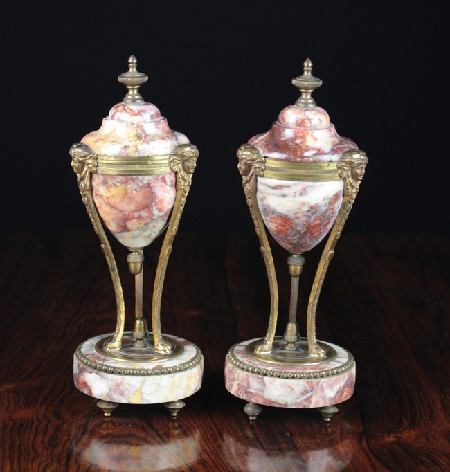 A Pair of Small 19th Century Rouge Royal Marble Cassolettes with gilt metal mounts,