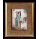 A Painted Porcelain Plaque depicting an Arab Lady by Water Fountain, 7¼ ins x 5 ins (18.