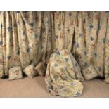 Two Pairs of Silk Curtains hand decorated with coloured flowers & foliage on scrolling stems