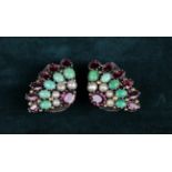 A Pair of Dorrie Nossiter Clips set with garnet, green stone and pearls.