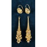 A Pair of Late 18th Century Gilt Metal Pendant Earrings in a velvet lined card box.