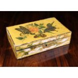 A Late 19th Century Lacquered Games Box painted with flowers and butterflies (A/F).