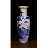 A Chinese Blue & White Rouleau Vase decorated with a crane stood on a clump of irises and peonies