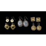 Five Pairs of Pretty Gold Coloured Earrings set with mother-of-pearl, turquoise and diamonds.