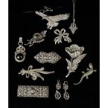 Eight Victorian & Later Marcasite Brooches, two marcasite pendants and a pair of cut steel earrings.