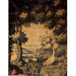 A Late 17th Century Verdure Tapestry Fragment depicting a Parkland scene with two birds to the