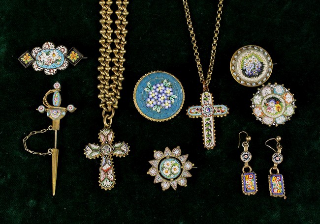 A Good Collection of Victorian & Later Micro mosaic Jewellery to include two crucifixes on chains,