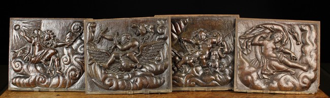 A Set of Four 17th Century Oak Panels carved in relief with figures amongst swirling clouds,