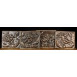 A Set of Four 17th Century Oak Panels carved in relief with figures amongst swirling clouds,