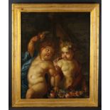 A 17th Century Oil on Canvas; A pair of fleshy baroque cherubs swathed in flowing drapes;