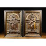 A Pair of Late 16th Century Arcaded Oak Panels carved in relief with female figures personifying