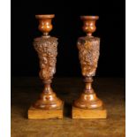 A Pair of Fine Late 18th Century Burr Yew Candlesticks.