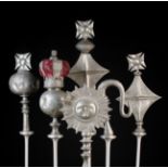 Six Antique Pewter Ceremonial Staff Heads;