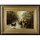 A 19th Century Oil on Canvas: Hunting hounds in a woodland stream, signed on rock J.H.